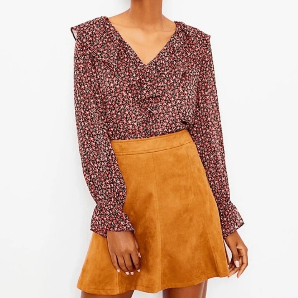 LOFT Floral Ruffle Split Neck Chiffon Blouse Red Black XS NWT